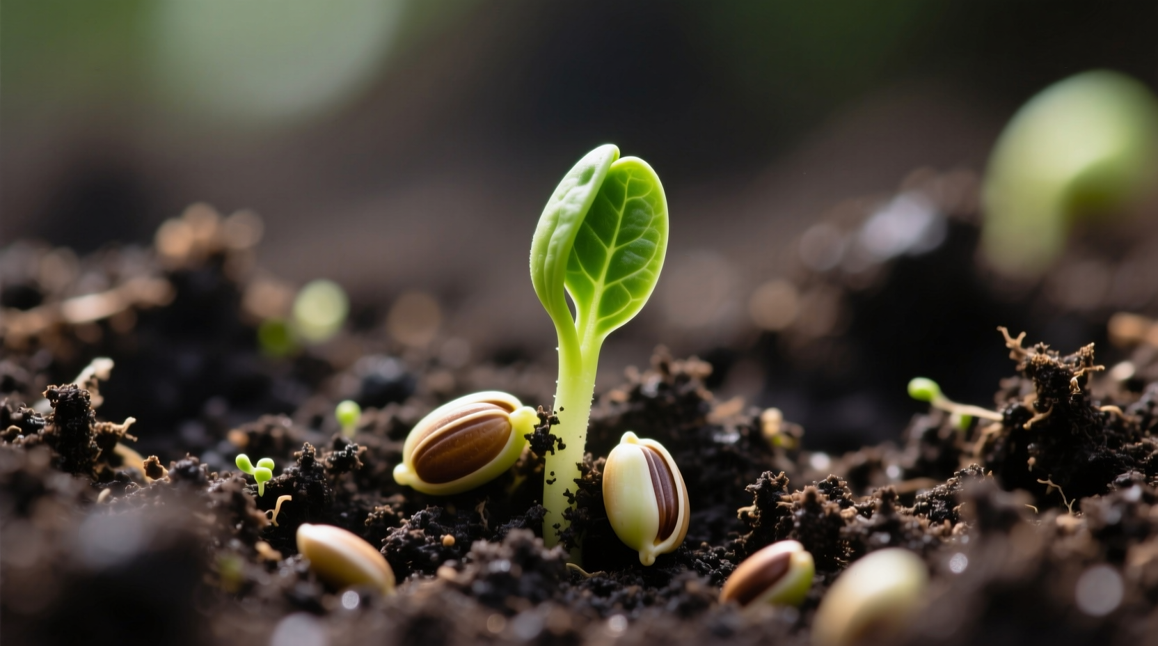 Close-up of spinach seeds in soil with sprouting seedlings