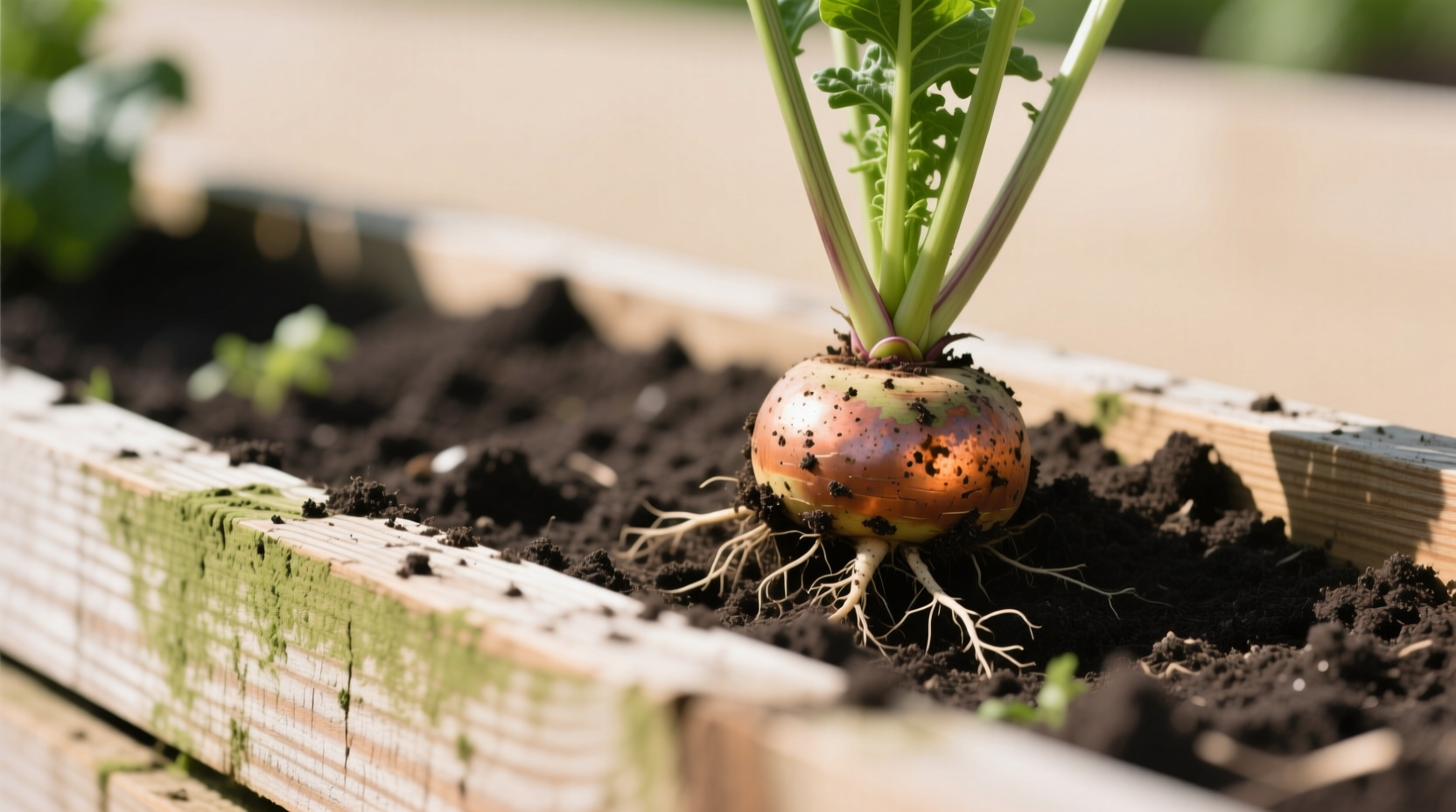 Close-up of copper staining on soil from ACQ-treated raised bed, with visible discoloration near root vegetables