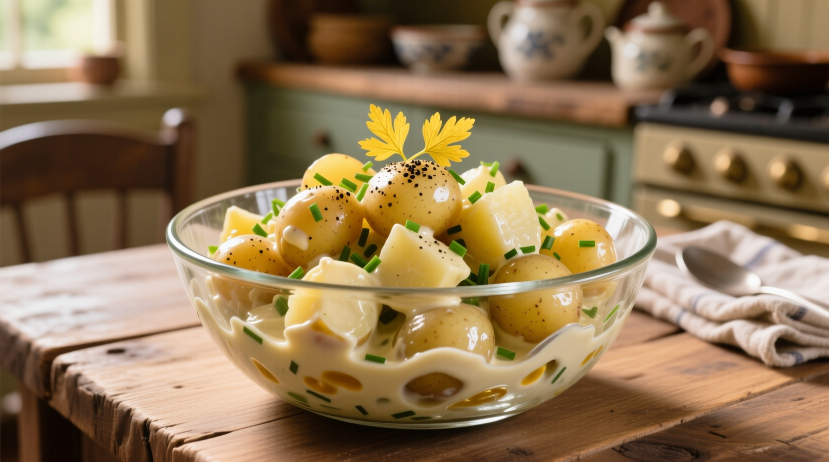 Creamy mustard potato salad in glass bowl