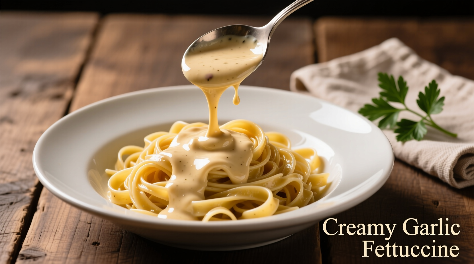 Smooth garlic cream sauce being poured over fettuccine