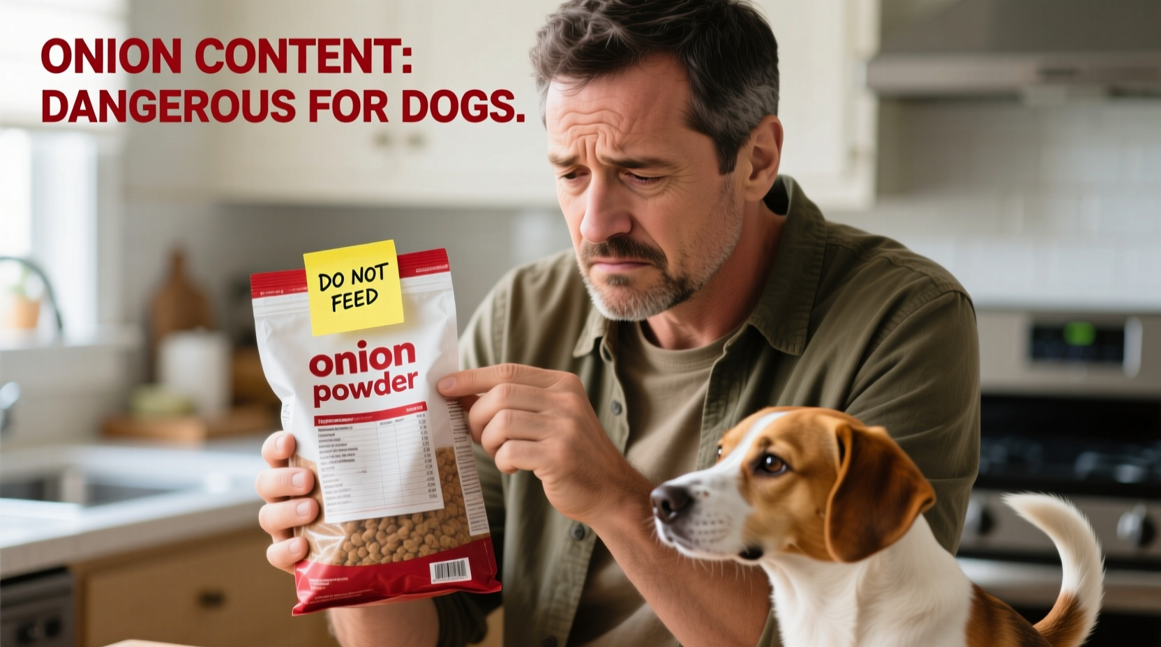 Dog owner checking food ingredients for onion content