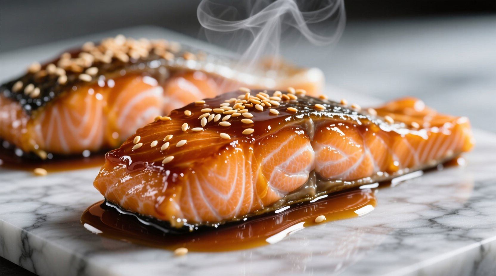 Perfectly glazed honey soy garlic salmon fillets with sesame seeds