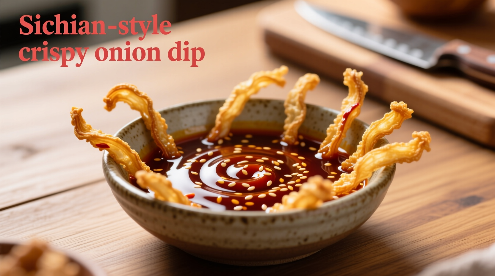 Homemade dipping sauce in bowl with crispy onion strings