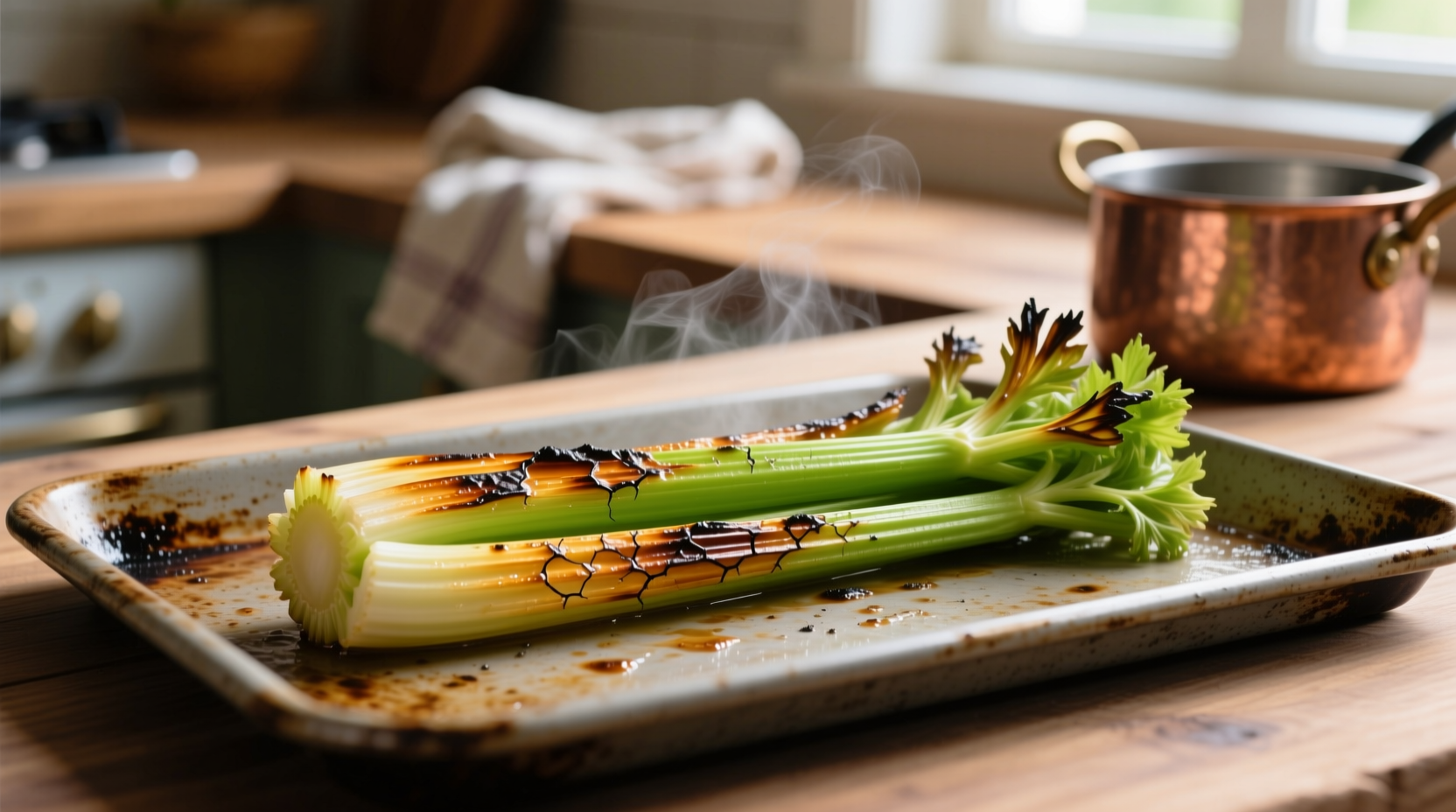 Freshly roasted celery with golden edges on baking sheet