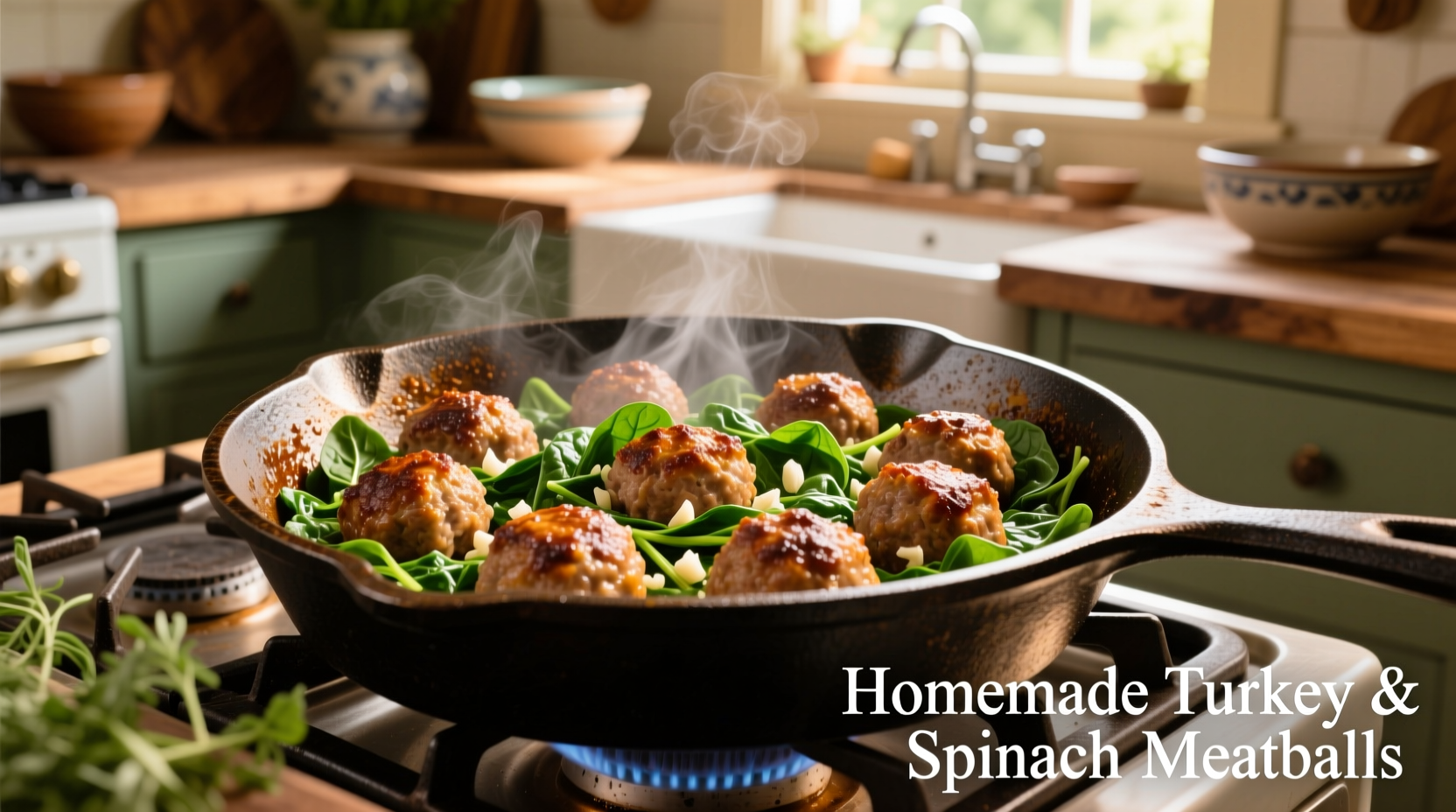 Truthahn-Spinat-Fleischbällchen in Gusseisenpfanne während der Zubereitung