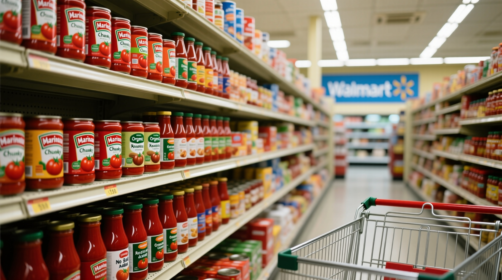 Walmart tomato sauce aisle with multiple brands