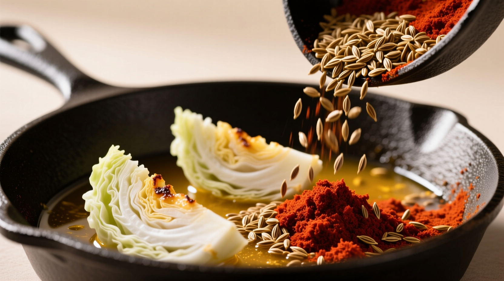 Close-up of toasted cumin seeds and smoked paprika in cast iron pan with cabbage wedges