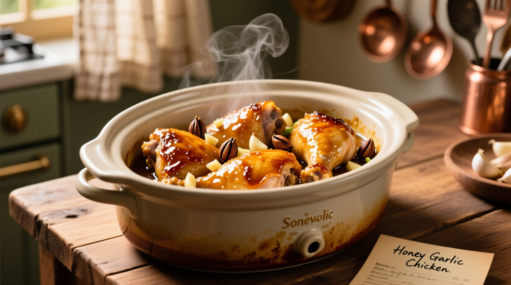 Slow cooker filled with golden honey garlic chicken thighs