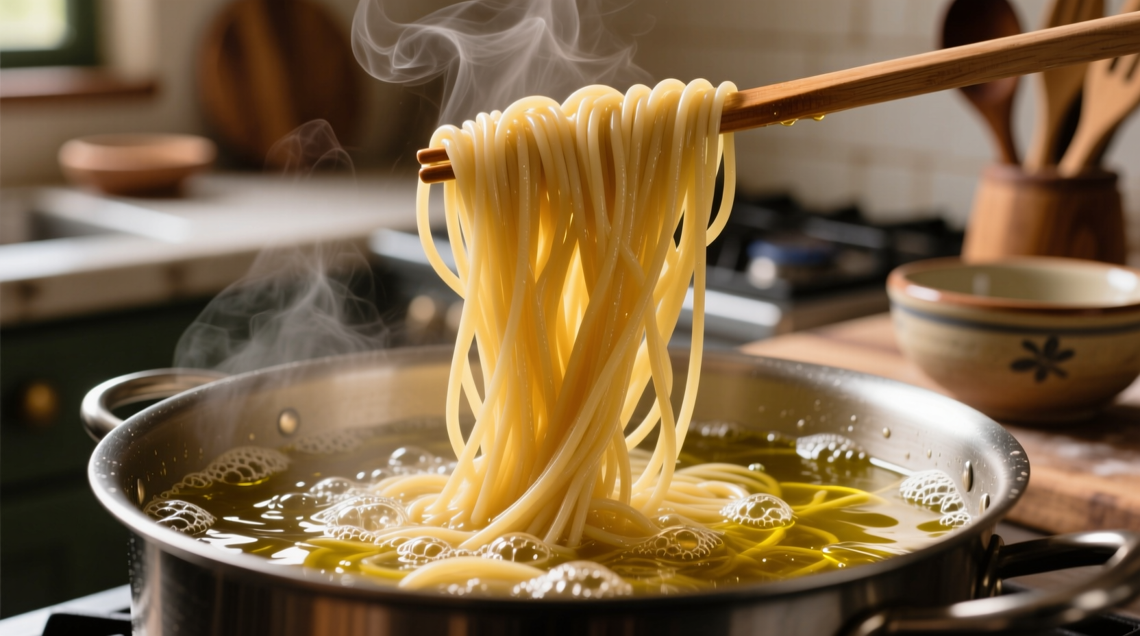 Close-up of perfectly cooked al dente spaghetti in boiling water