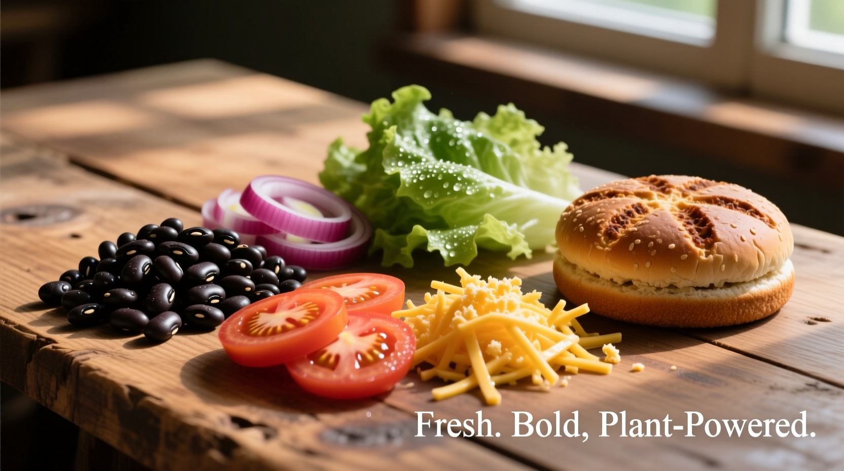 Fresh black bean burger ingredients on rustic wood