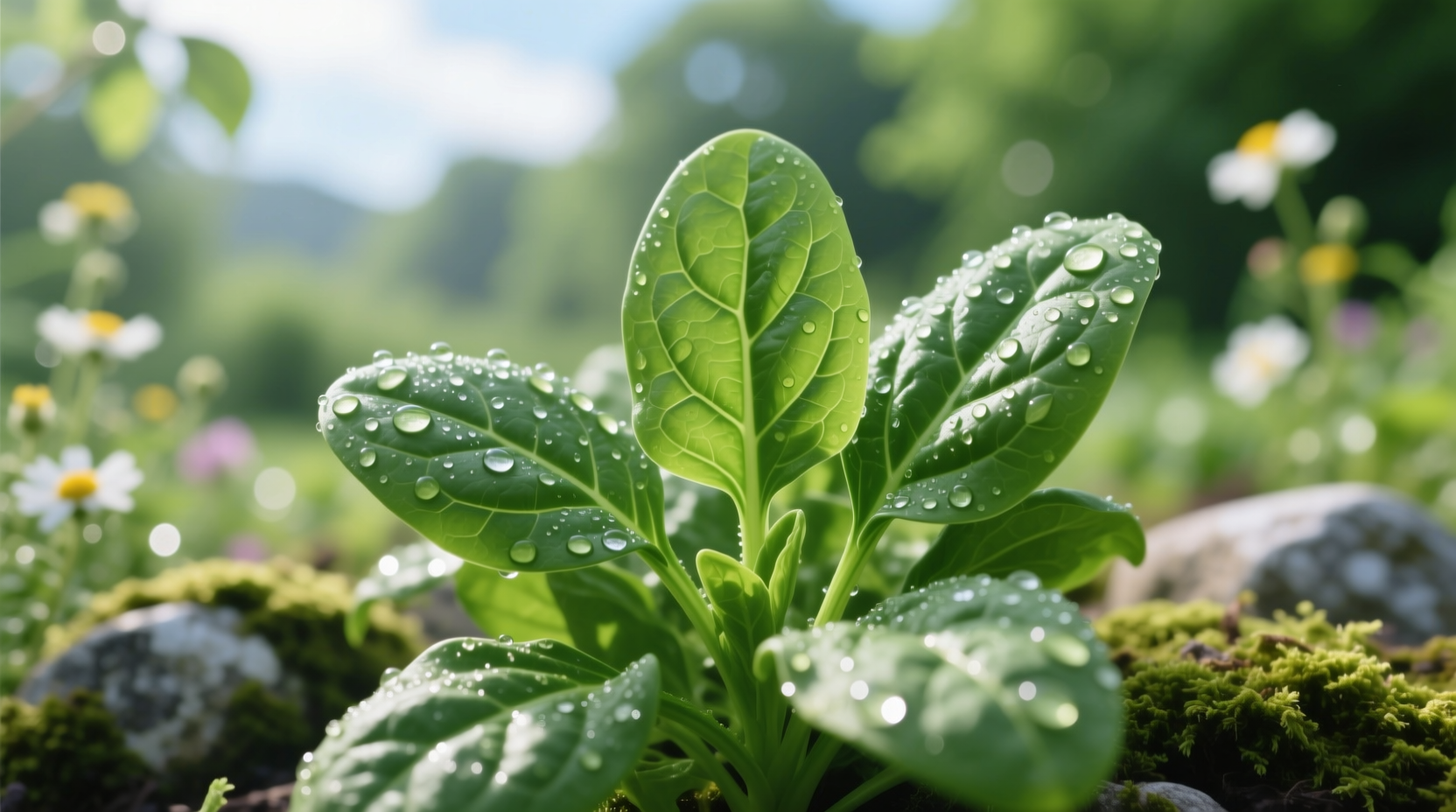 Fresh spinach leaves with dew drops on a garden background