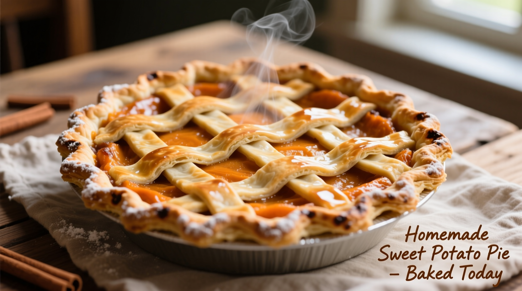 Golden double crust sweet potato pie with lattice top