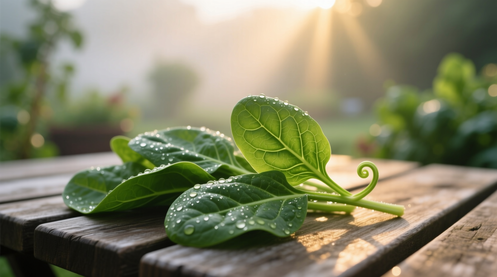 Fresh spinach leaves in morning light
