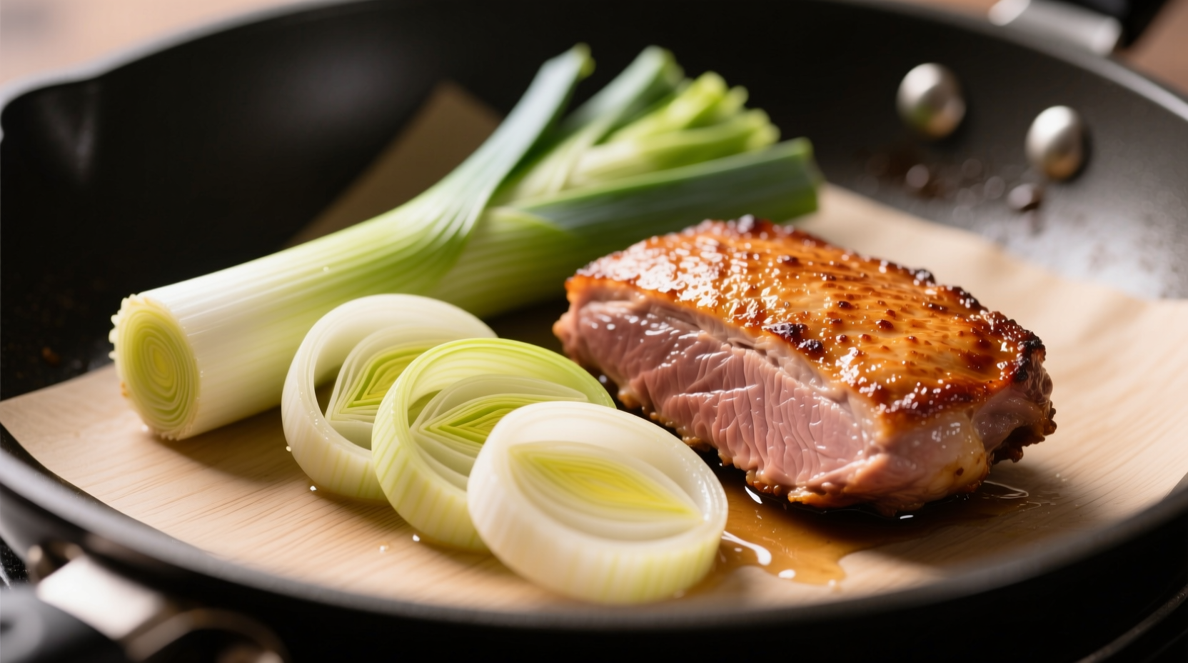 Fresh leeks sliced into thin half-moons beside pan-seared duck breast with golden crust