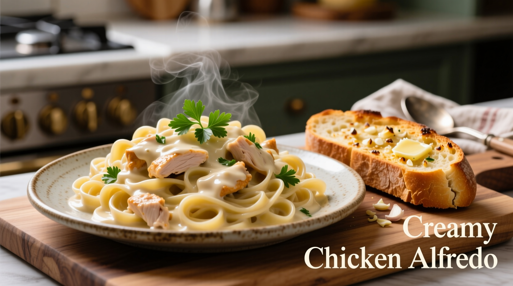 Creamy chicken alfredo with golden garlic bread