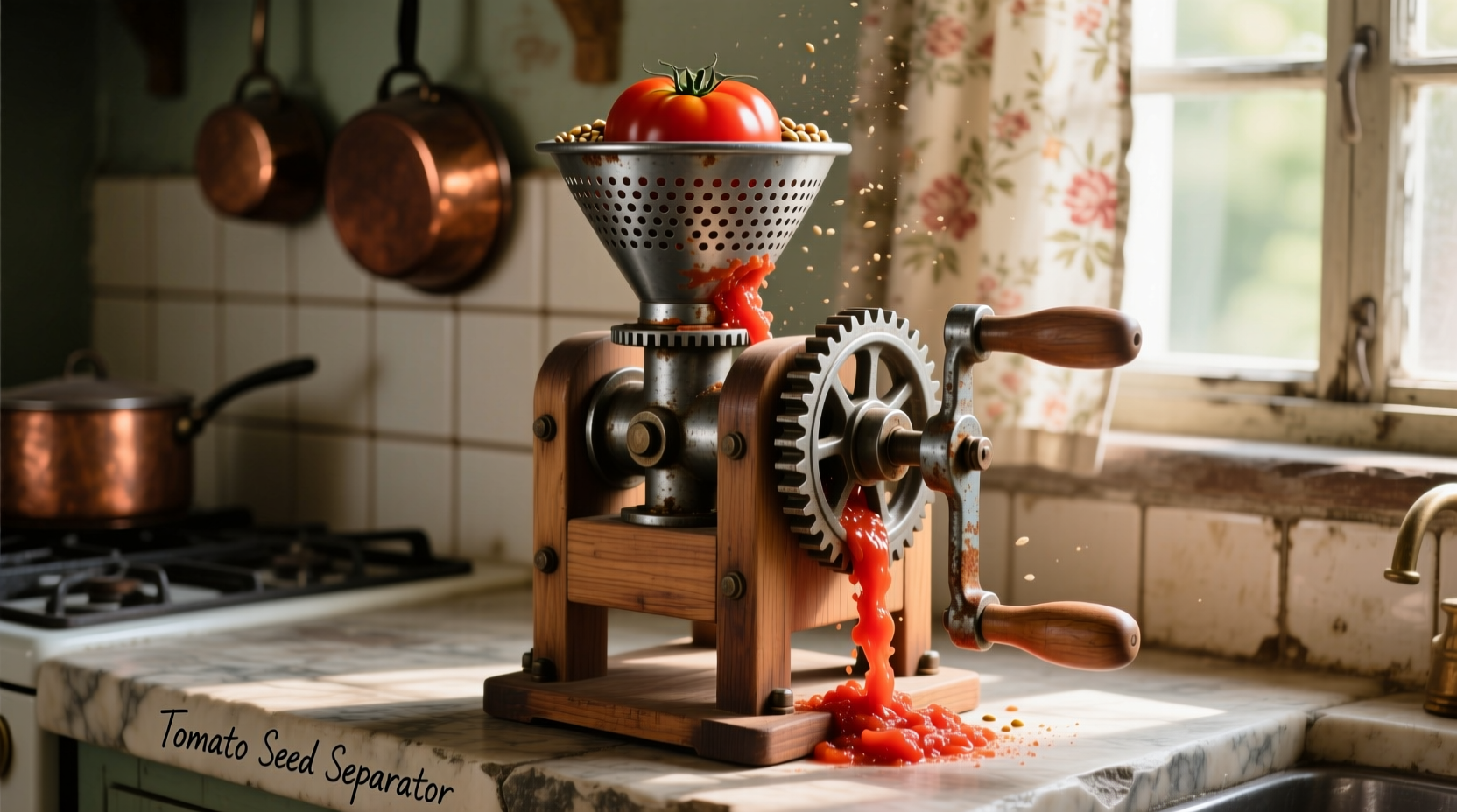 Hand-cranked tomato mill separating seeds from pulp
