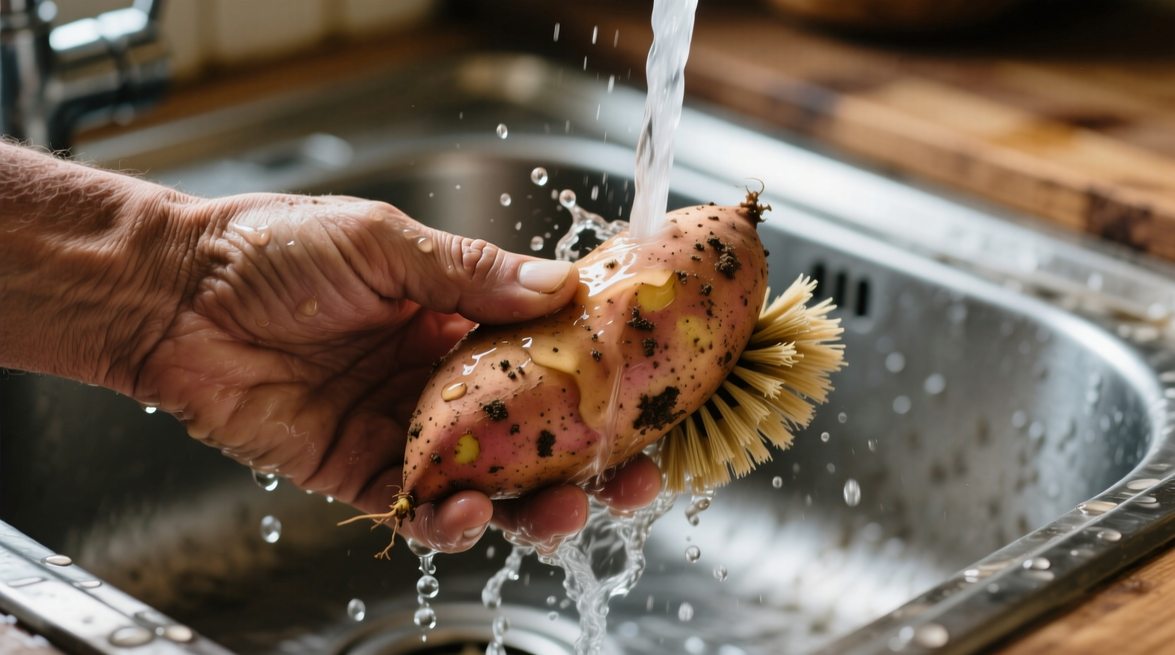 Hand scrubbing sweet potato with vegetable brush under running water