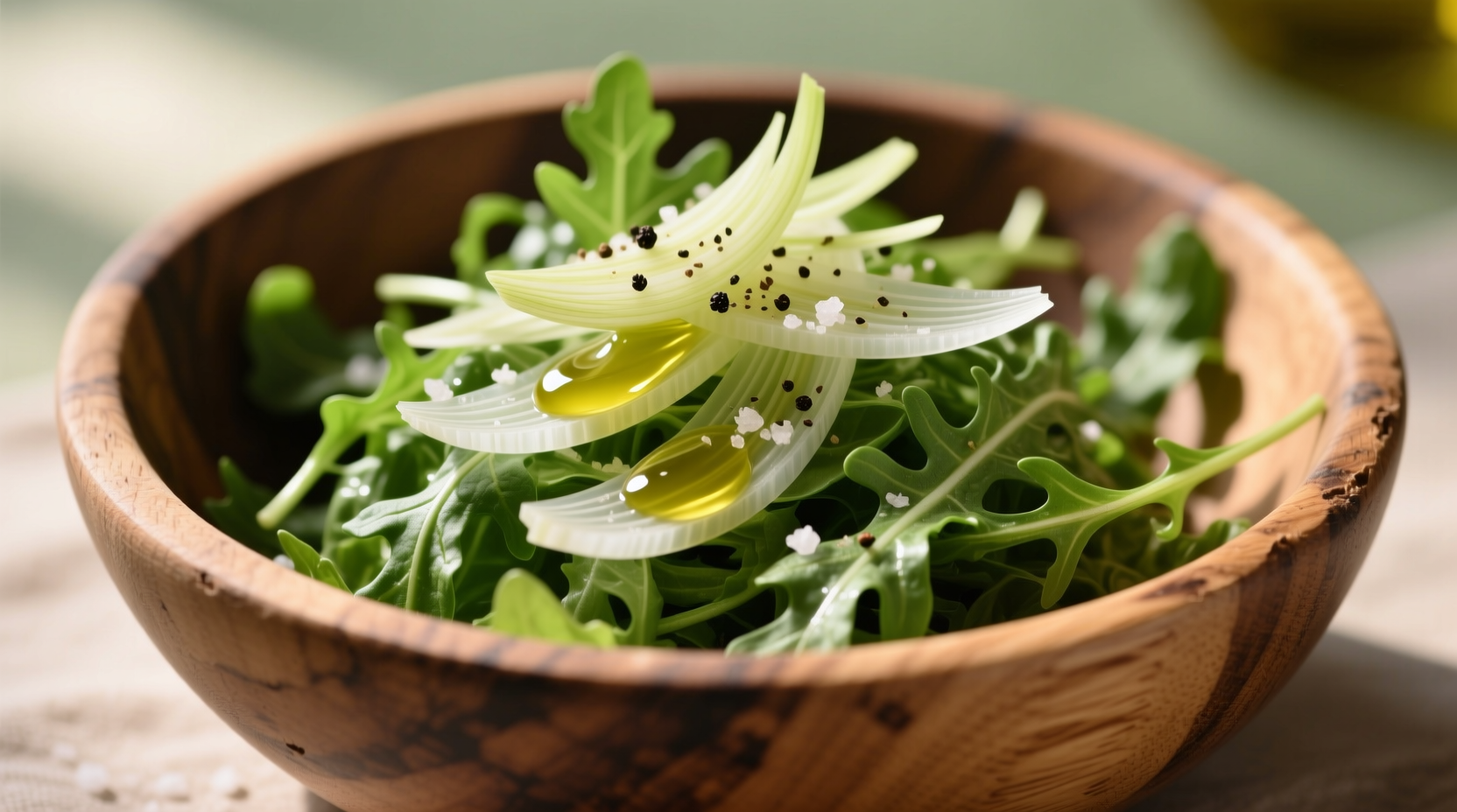 Fresh arugula and shaved fennel salad in wooden bowl