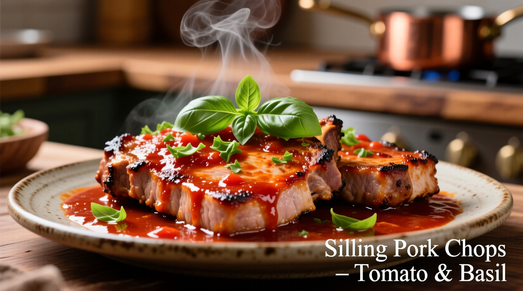 Sizzling pork chops in rich tomato sauce with fresh basil garnish