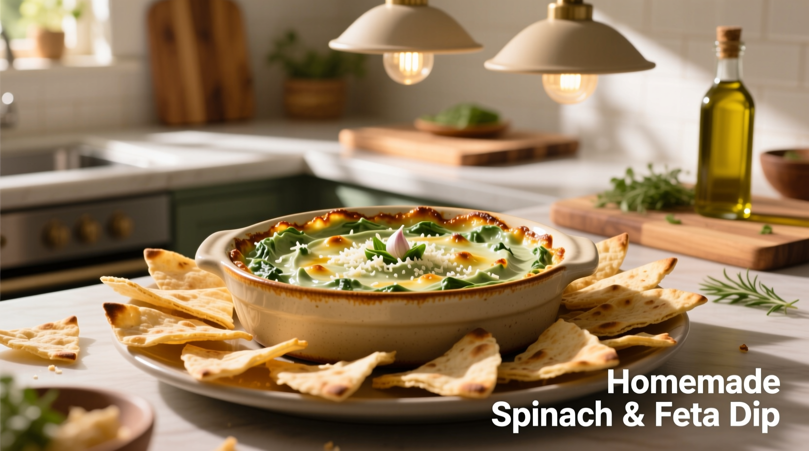 Creamy spinach dip in oven dish with pita chips