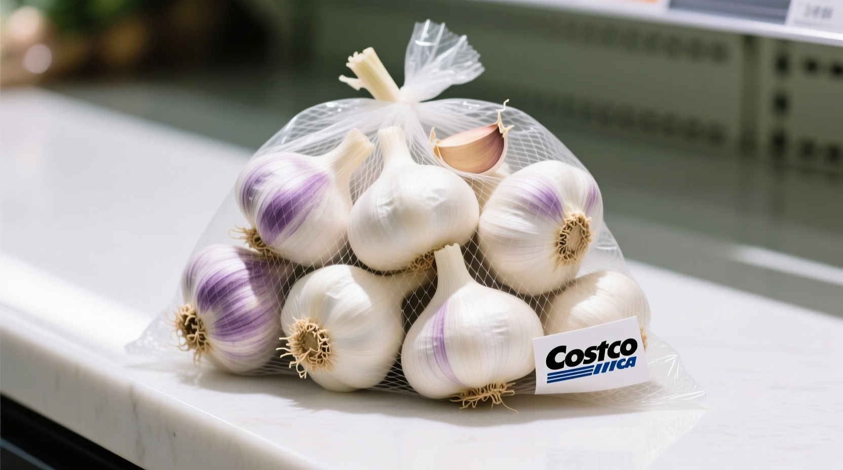 Fresh garlic bulbs in mesh bag from Costco