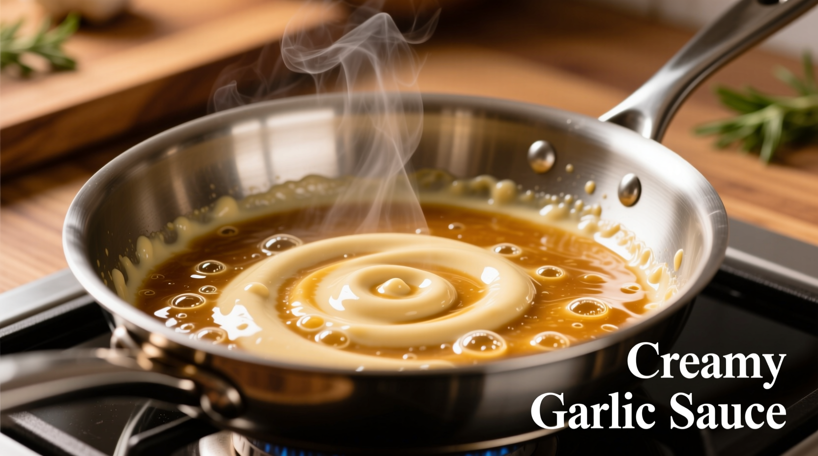 Creamy garlic sauce simmering in stainless steel pan