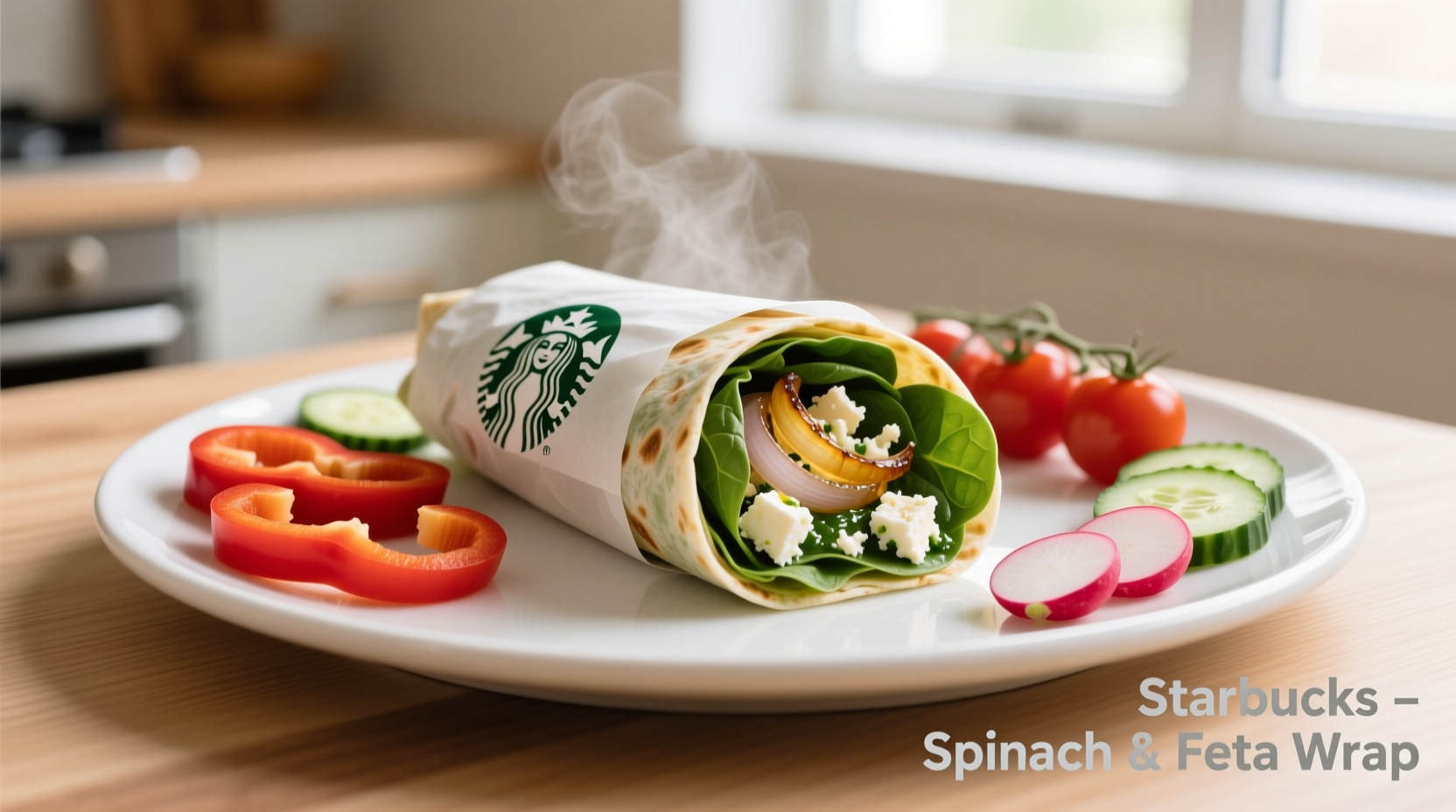 Starbucks spinach and feta wrap on a plate with fresh vegetables