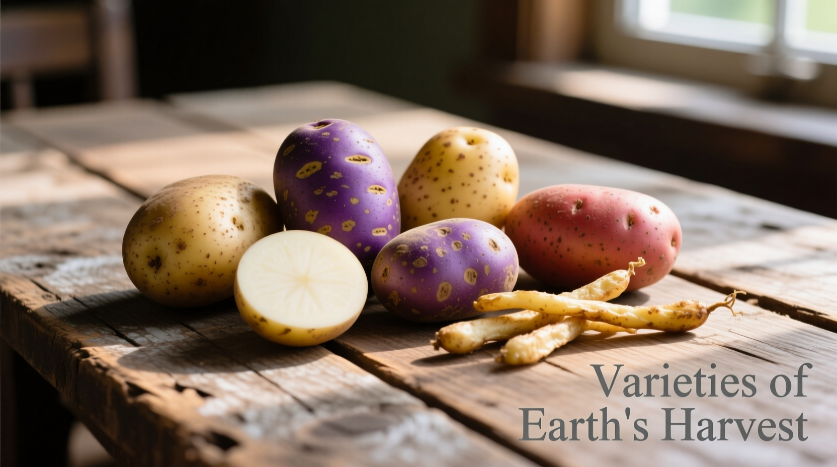 Close-up of different potato varieties on wooden table