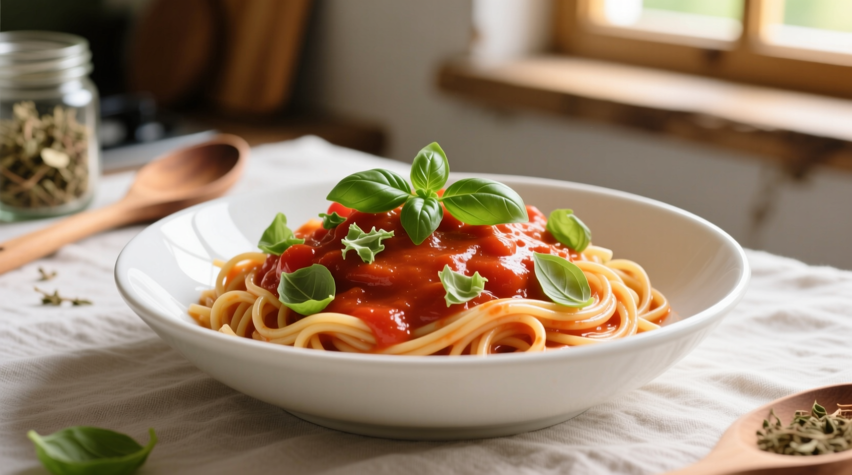 Creamy tomato pasta in white bowl with basil garnish