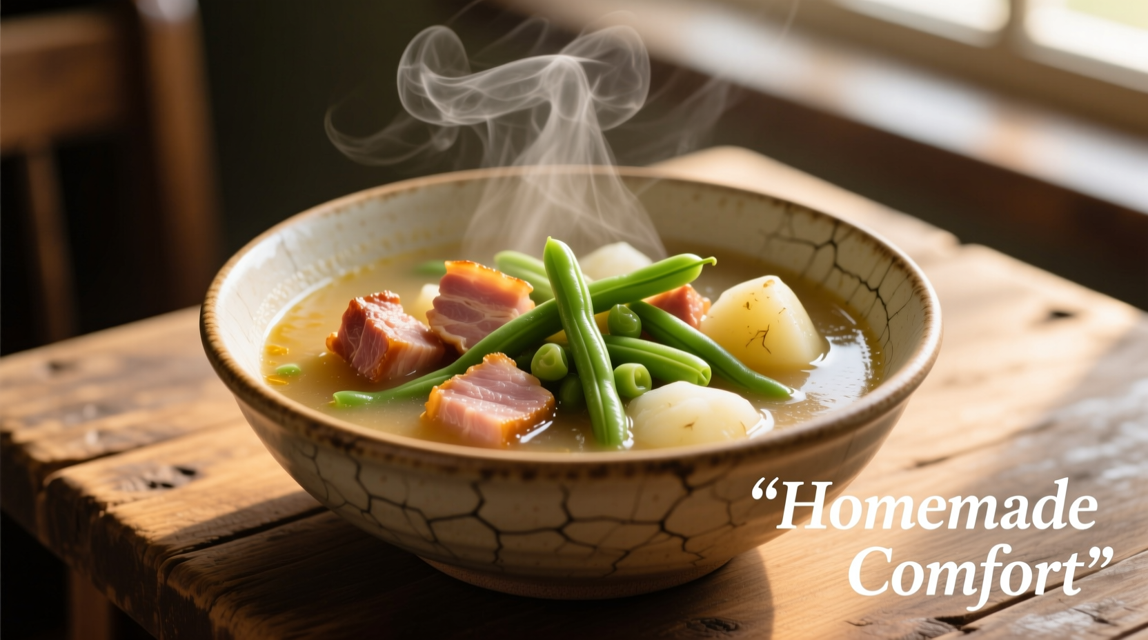 Steaming bowl of ham green bean and potato soup