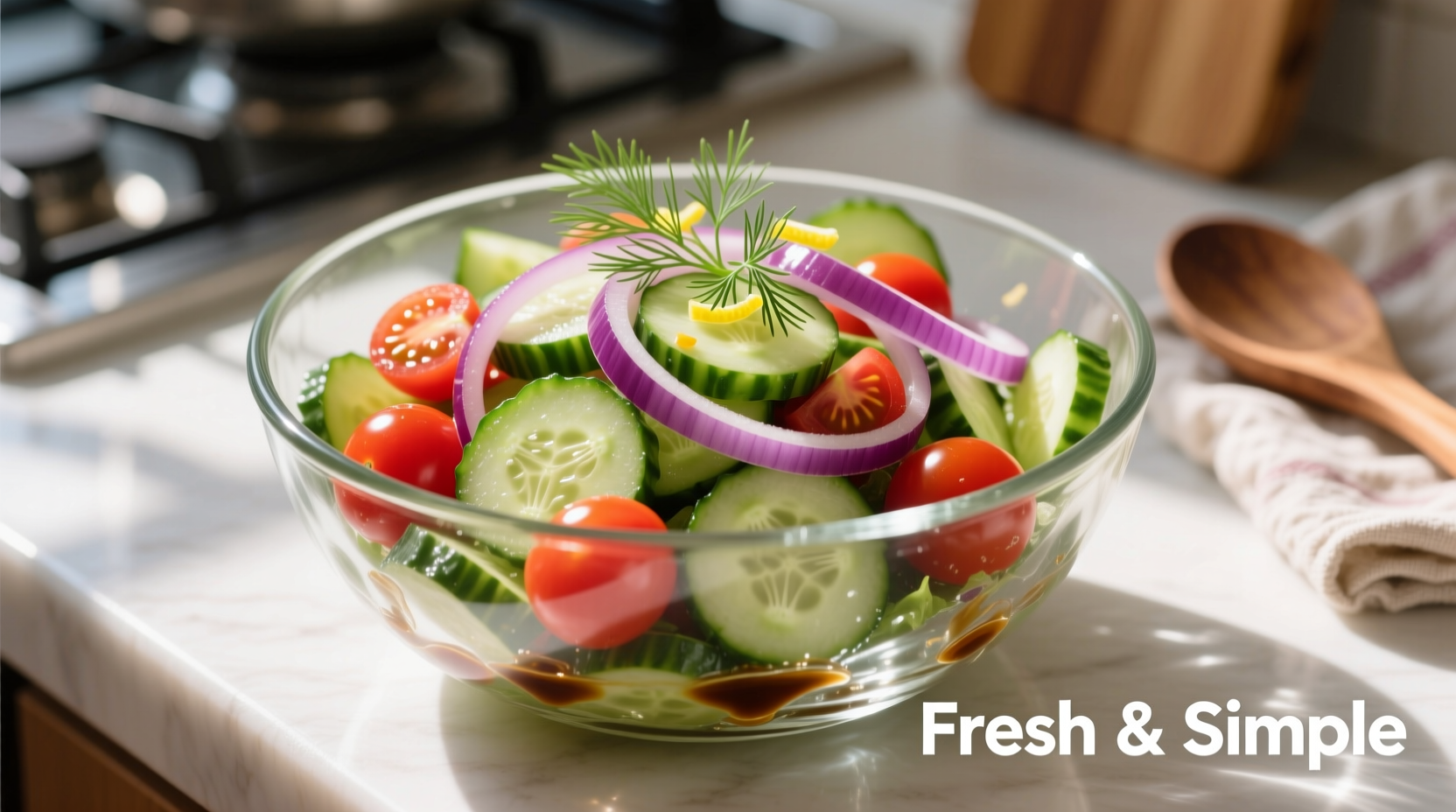 Fresh cucumber salad with tomatoes and red onions in glass bowl