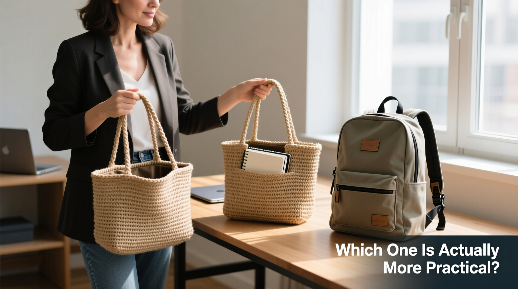woven tote bag or backpack for work which one is actually more practical