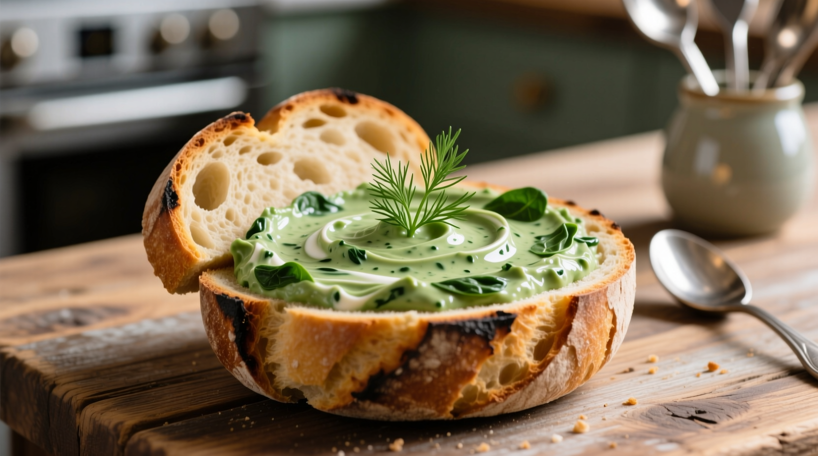 Sliced sourdough bread bowl filled with creamy spinach dip