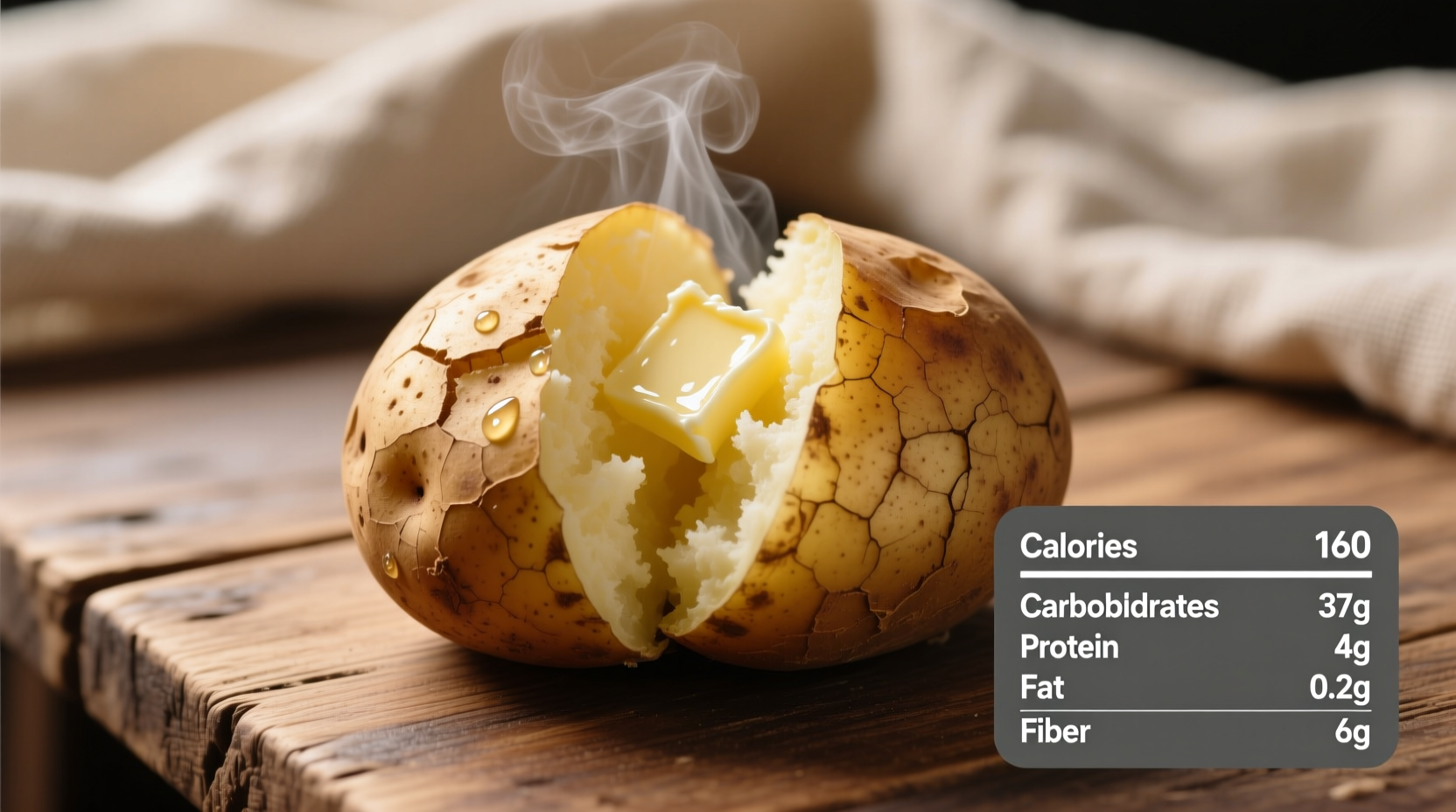 Medium baked potato with nutritional information chart
