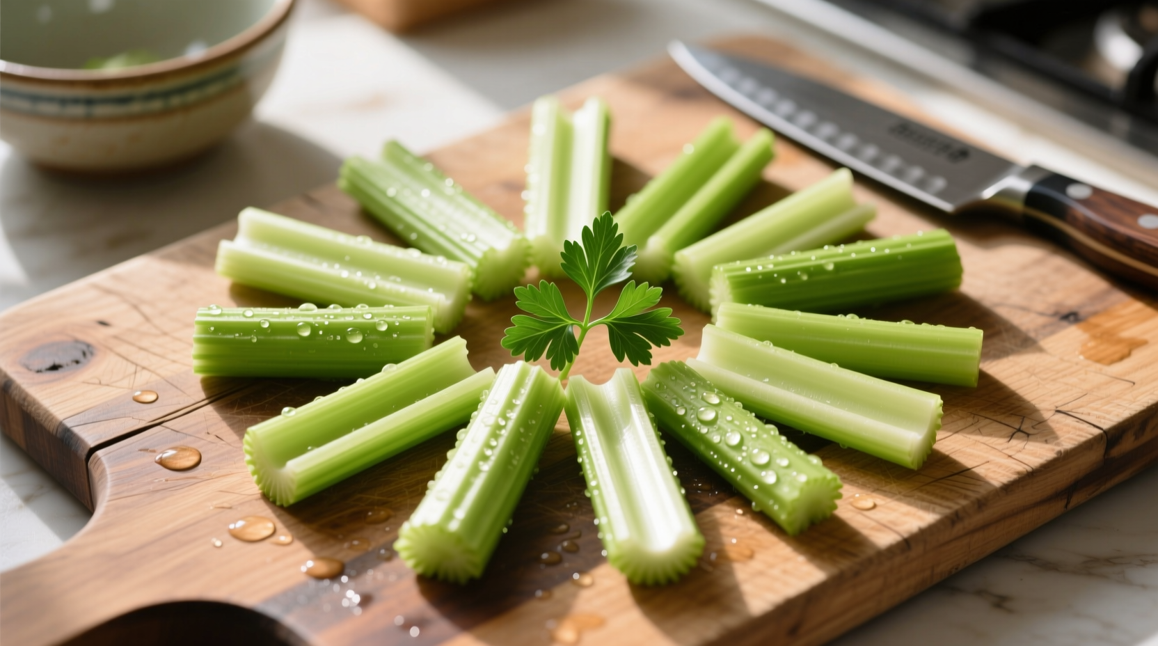 Fresh celery pieces arranged on cutting board