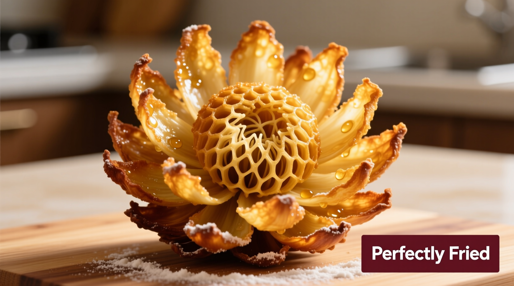 Perfectly fried blooming onion with golden petals spread open