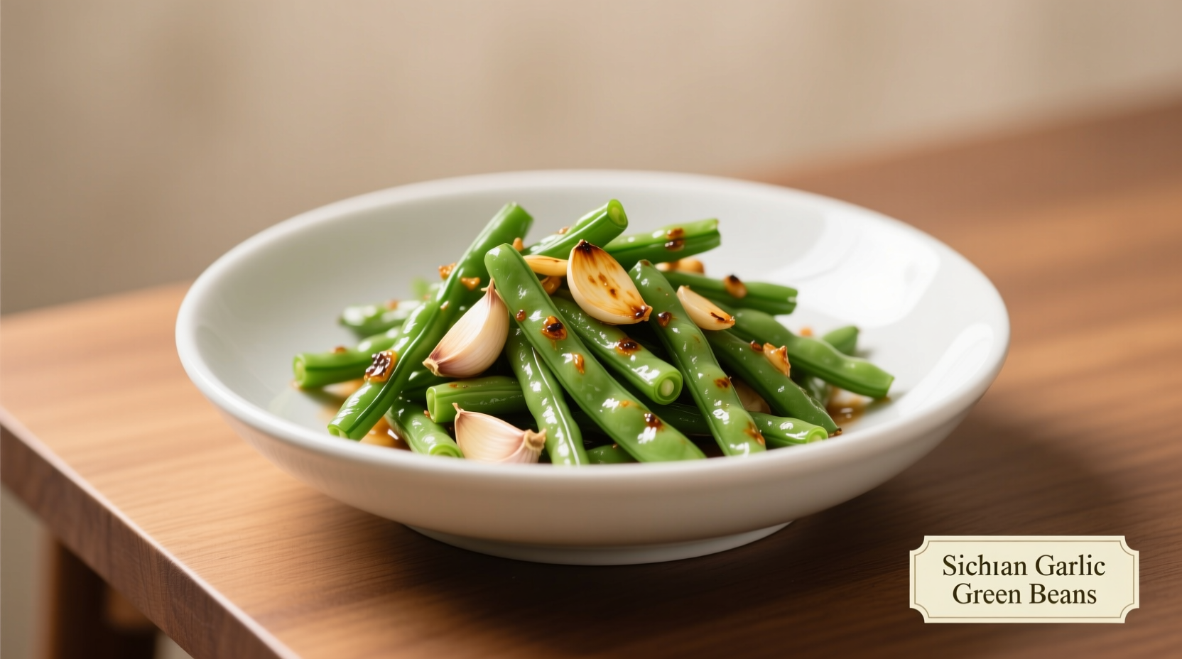 Crisp garlic Chinese green beans in white bowl