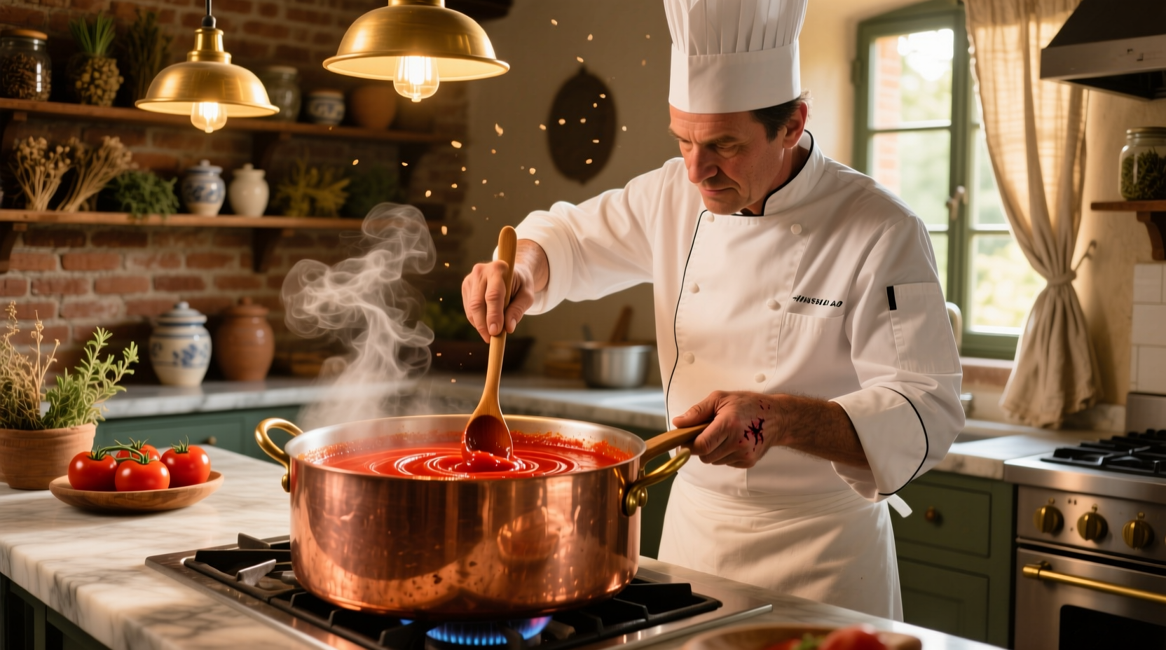 Chef preparing fresh tomato sauce in copper pot