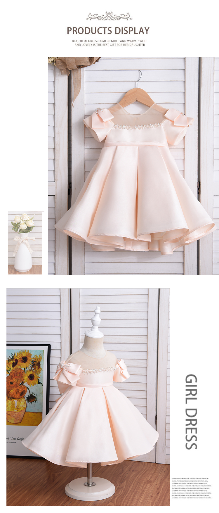 New Arrival High Waisted Short Sleeve Cute Champagne Stain Beading Beach Children Girl Dress With Two Bow On Shoulder