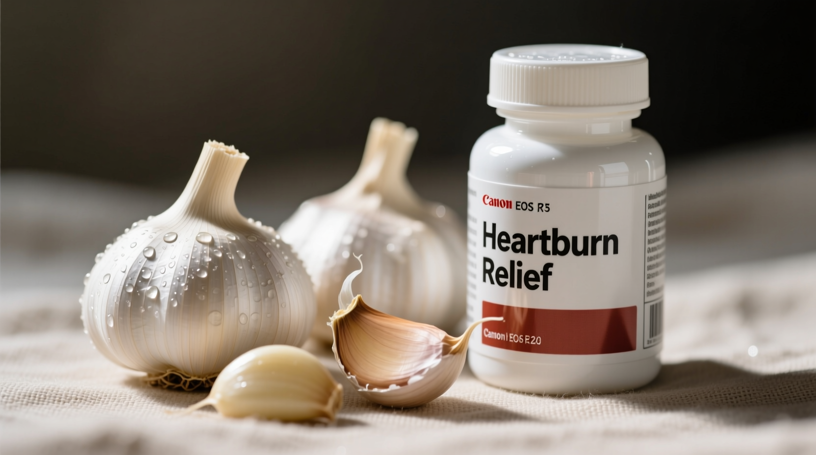 Garlic cloves next to heartburn relief medication
