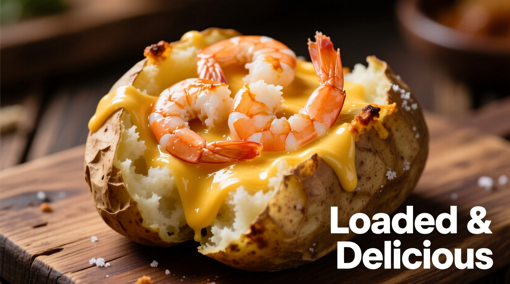 Loaded baked potato with shrimp and melted cheese