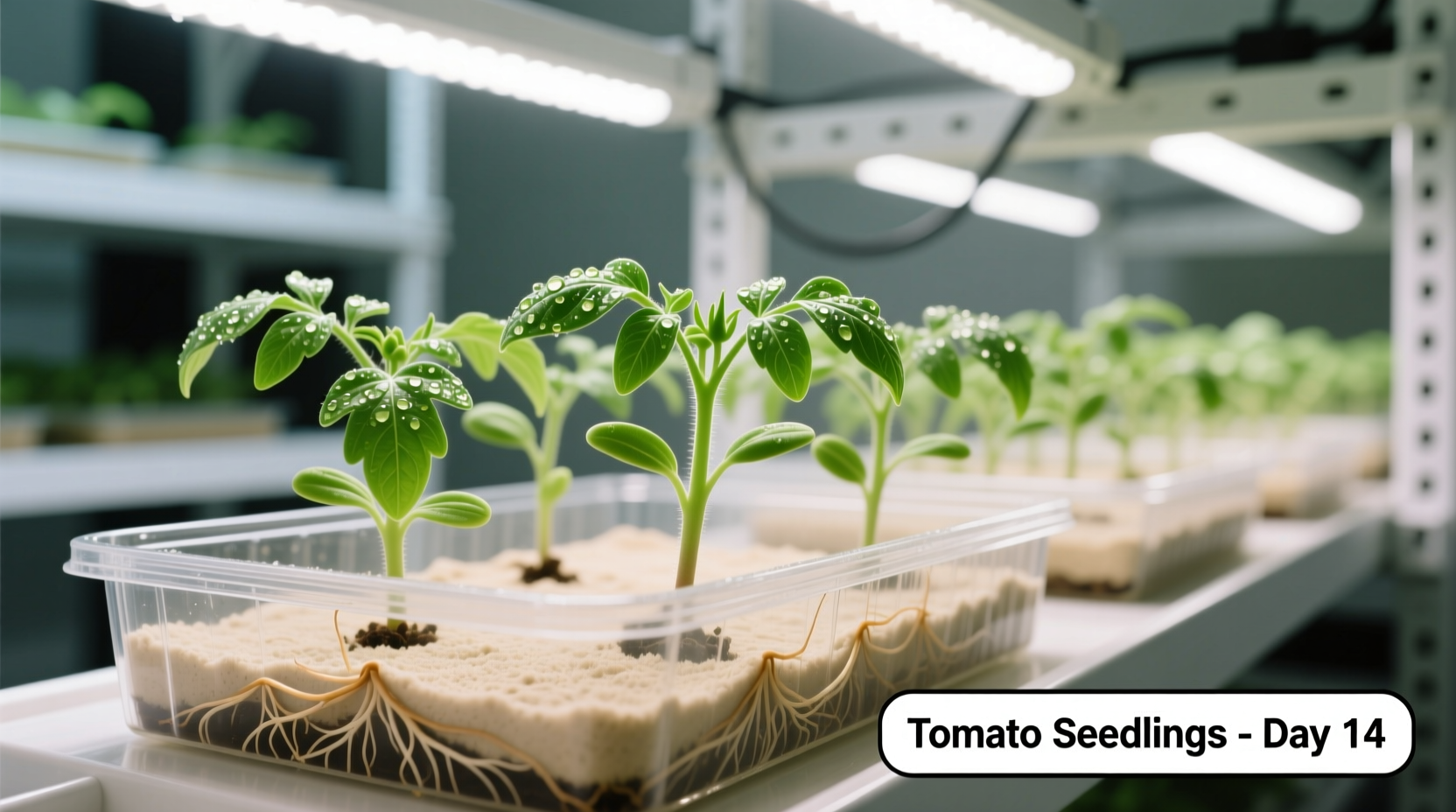 Healthy tomato seedlings under grow lights in propagation tray
