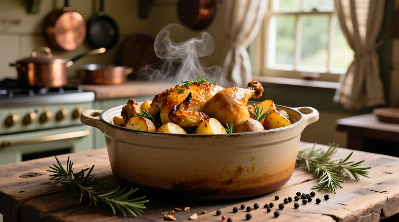 Crock pot filled with golden chicken and potatoes