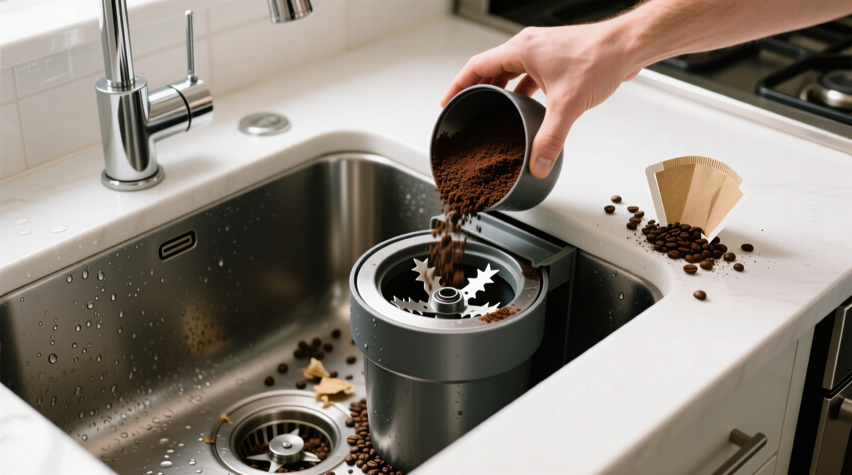 clean your garbage disposal with used coffee grounds