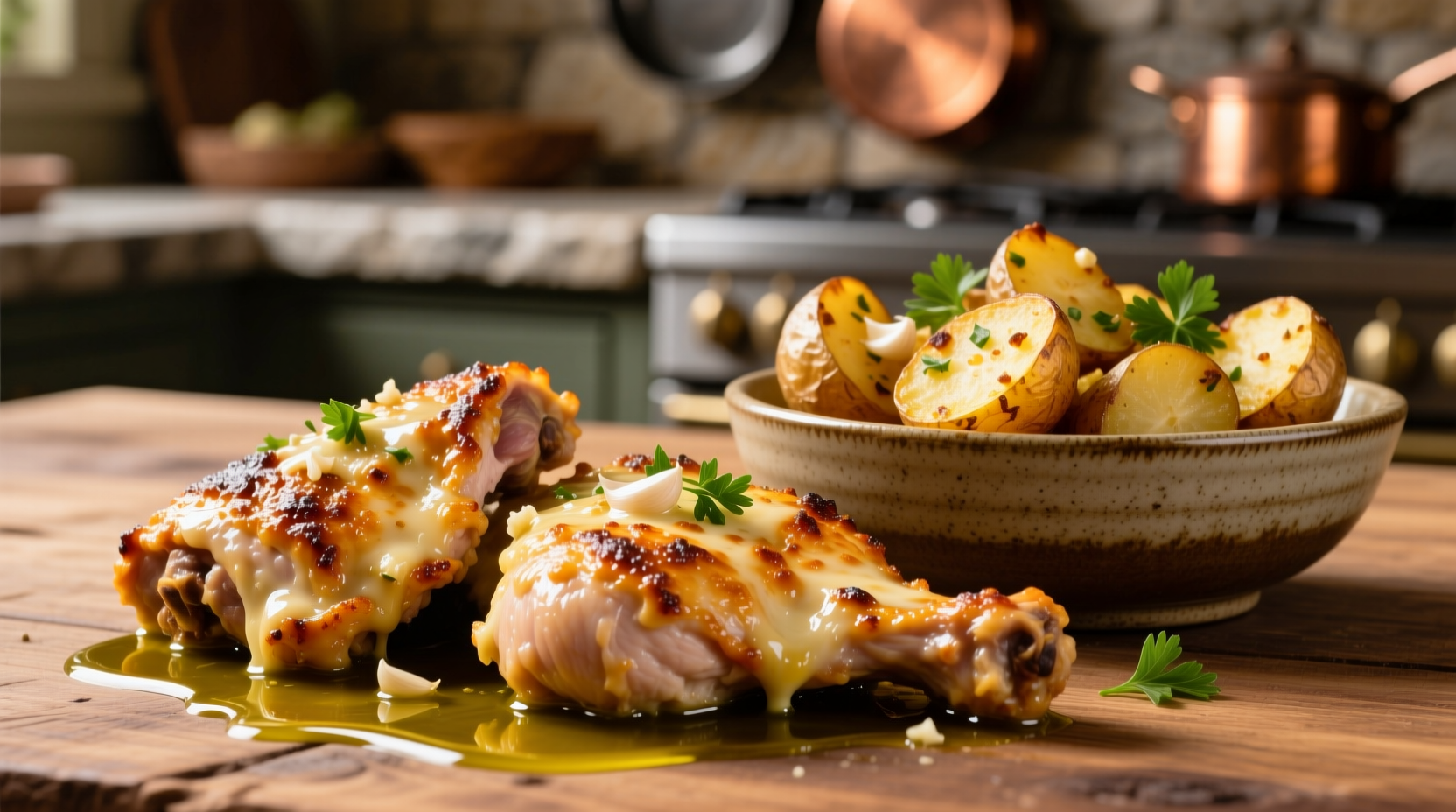 Golden garlic parmesan chicken thighs with crispy roasted potatoes