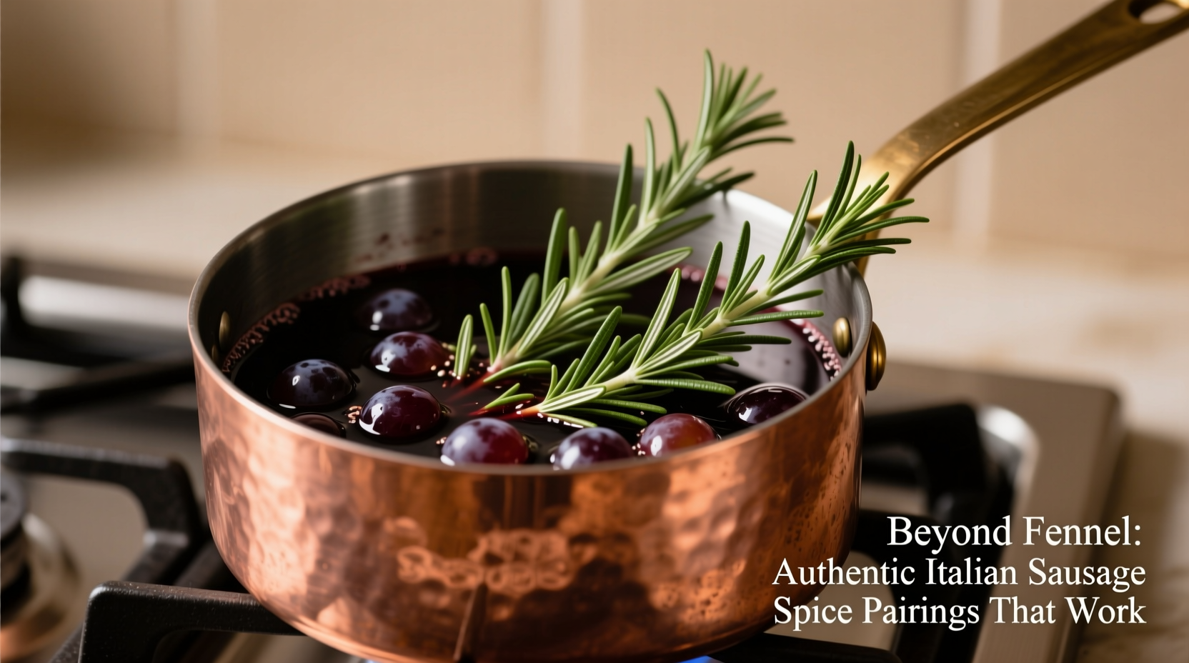 Fresh rosemary sprigs and dark grape must simmering in copper pot for Italian sausage seasoning
