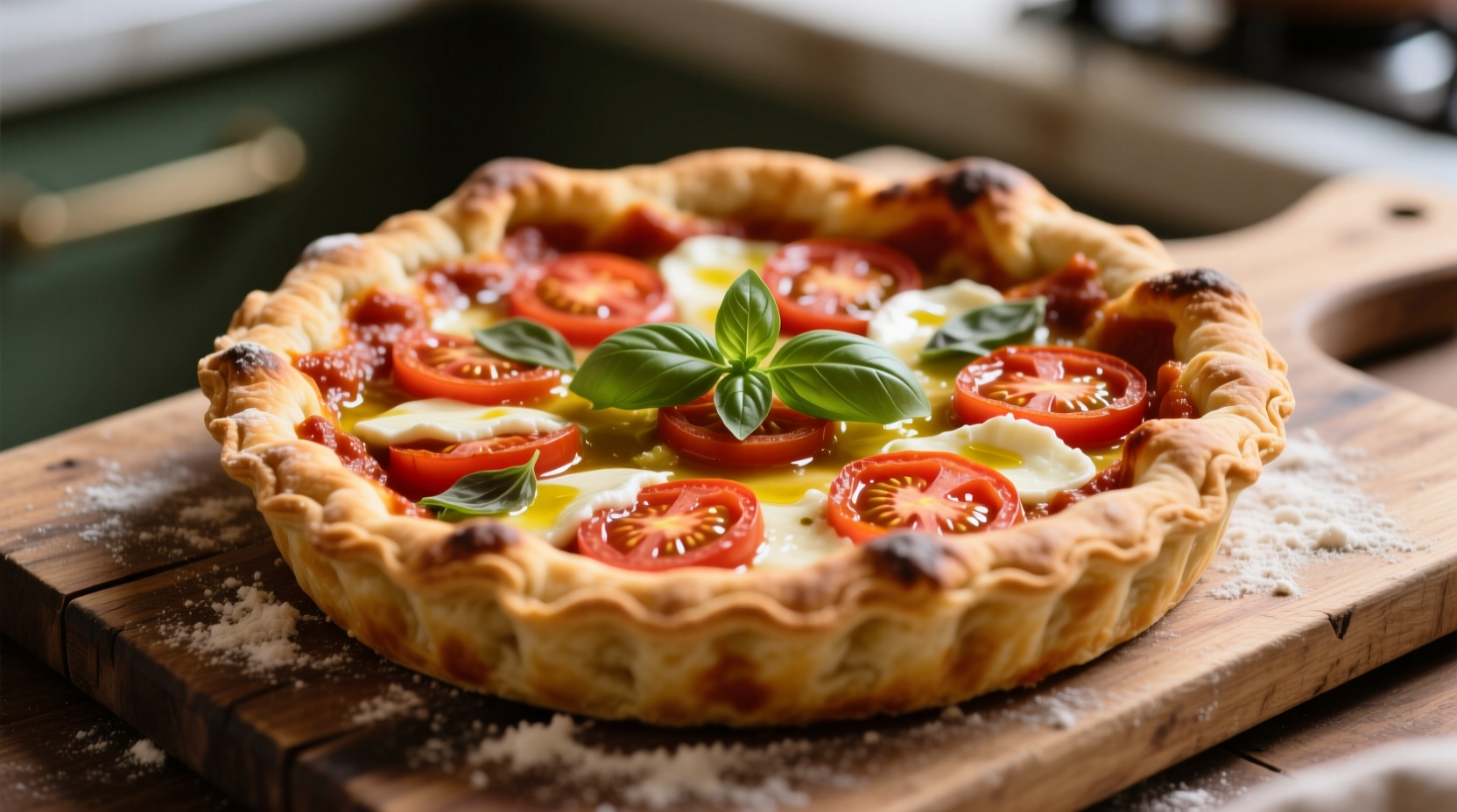 Homemade Italian tomato pie with golden crust