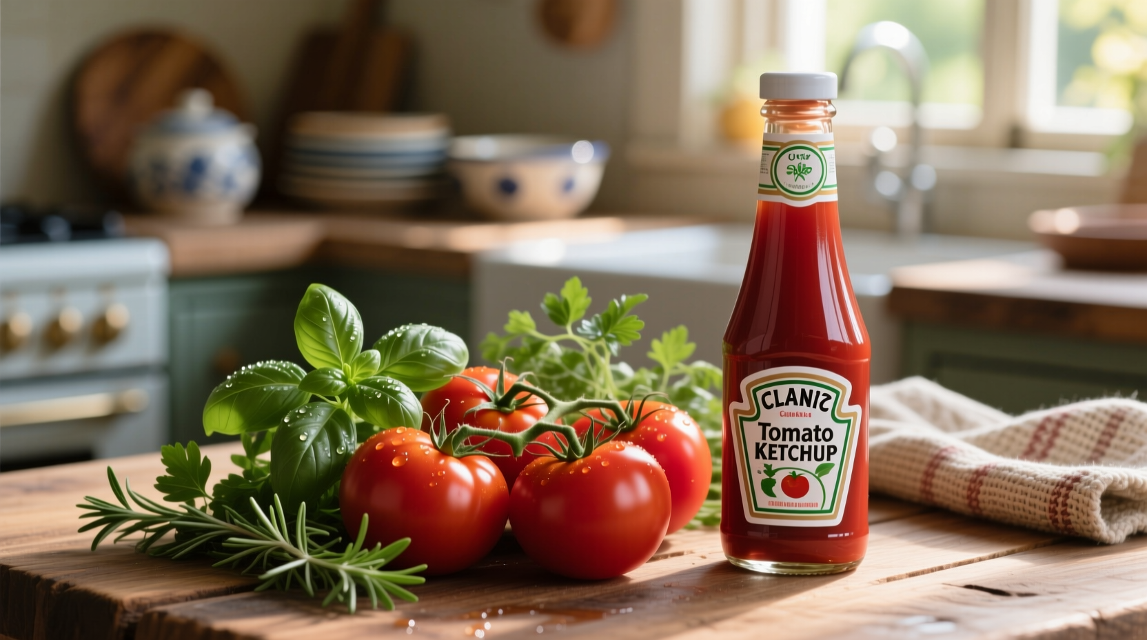 Tomato ketchup bottle next to fresh tomatoes and herbs