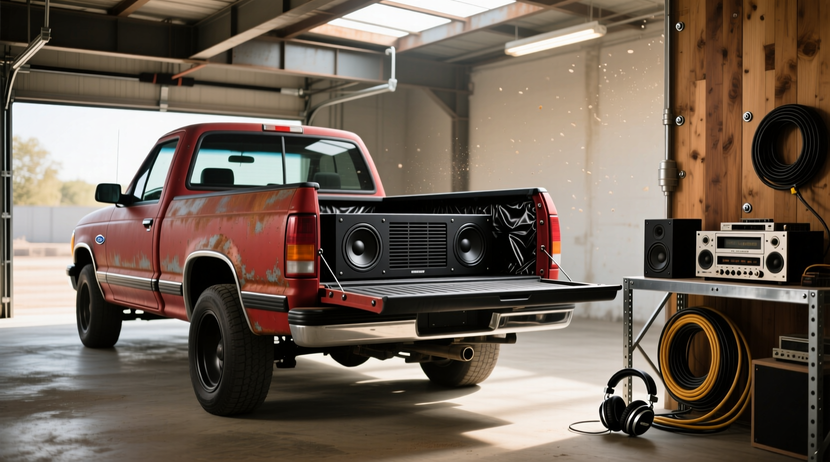 Custom subwoofer box installed under the front seat of a 1995 Ford F150 single cab