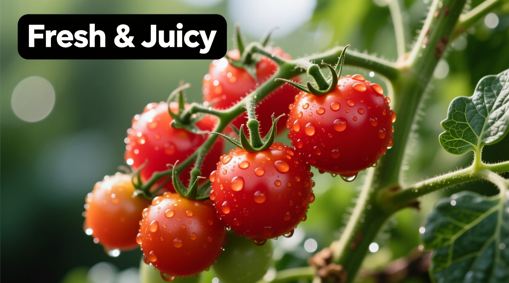 Fresh grape tomatoes on vine with dew drops
